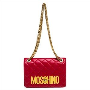 Authentic Moschino Red Quilted Leather Purse Gold Chain